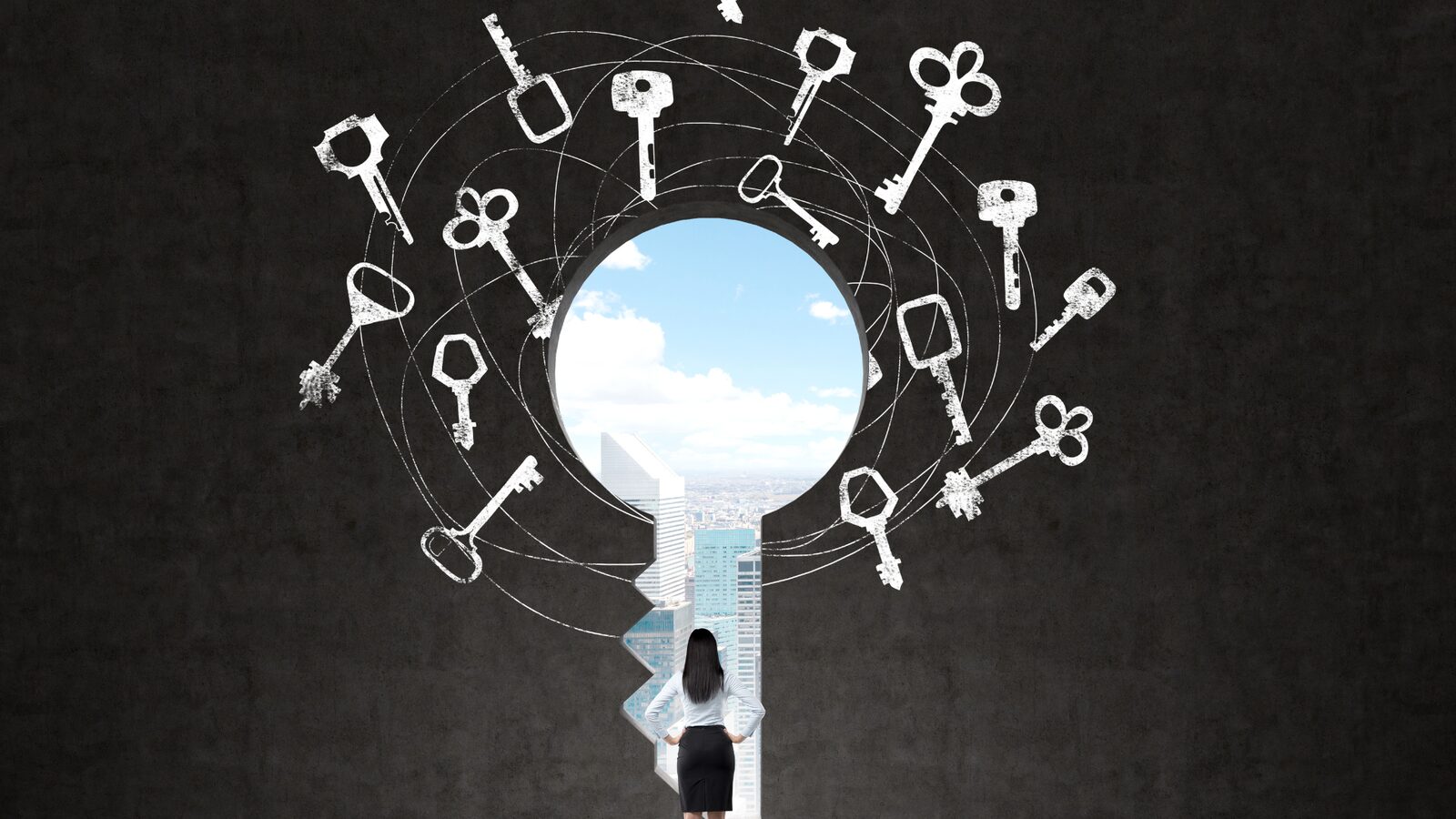 A keyhole surrounded by keys, representing hidden access