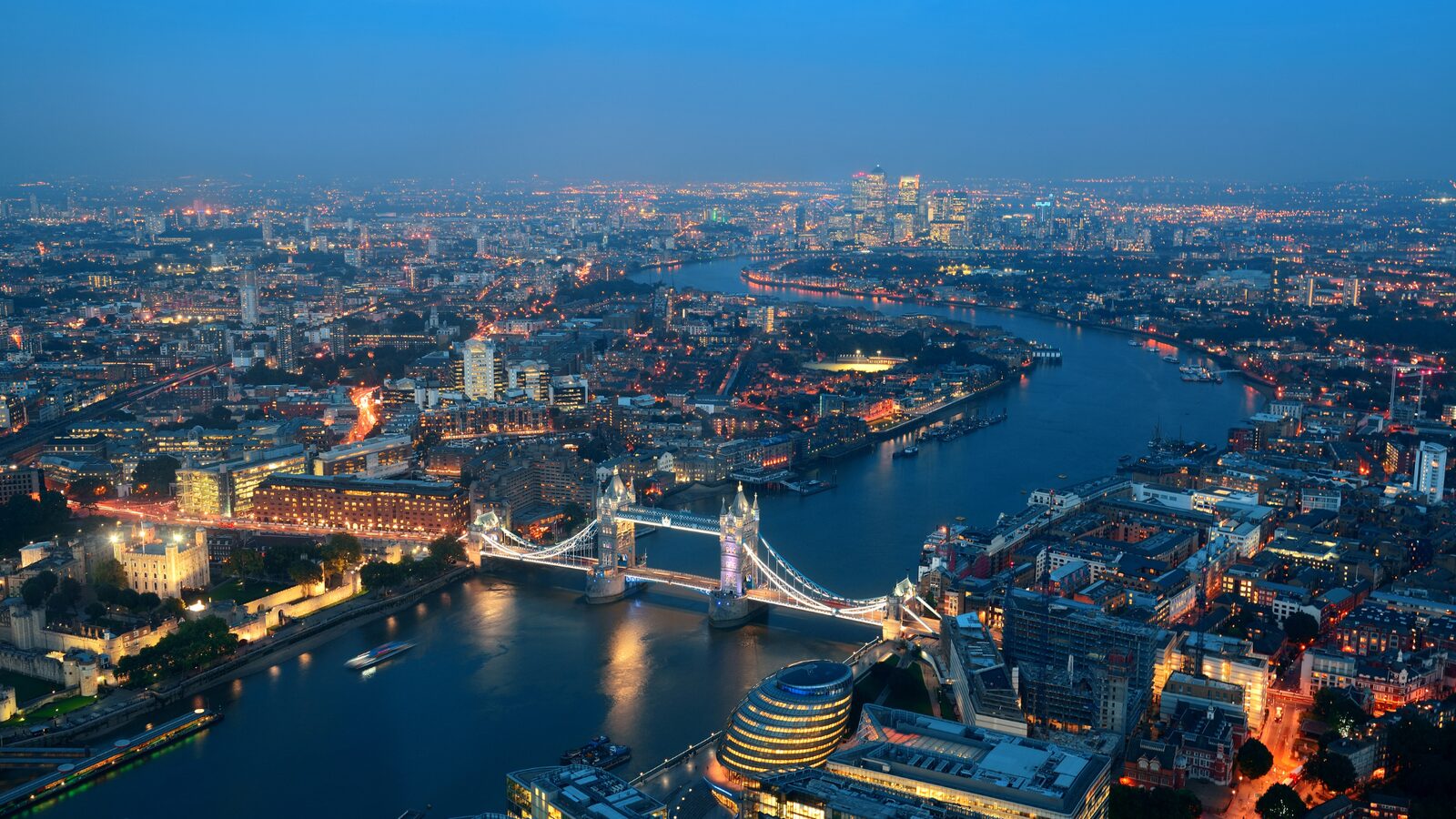 Aerial view of the City of London at night